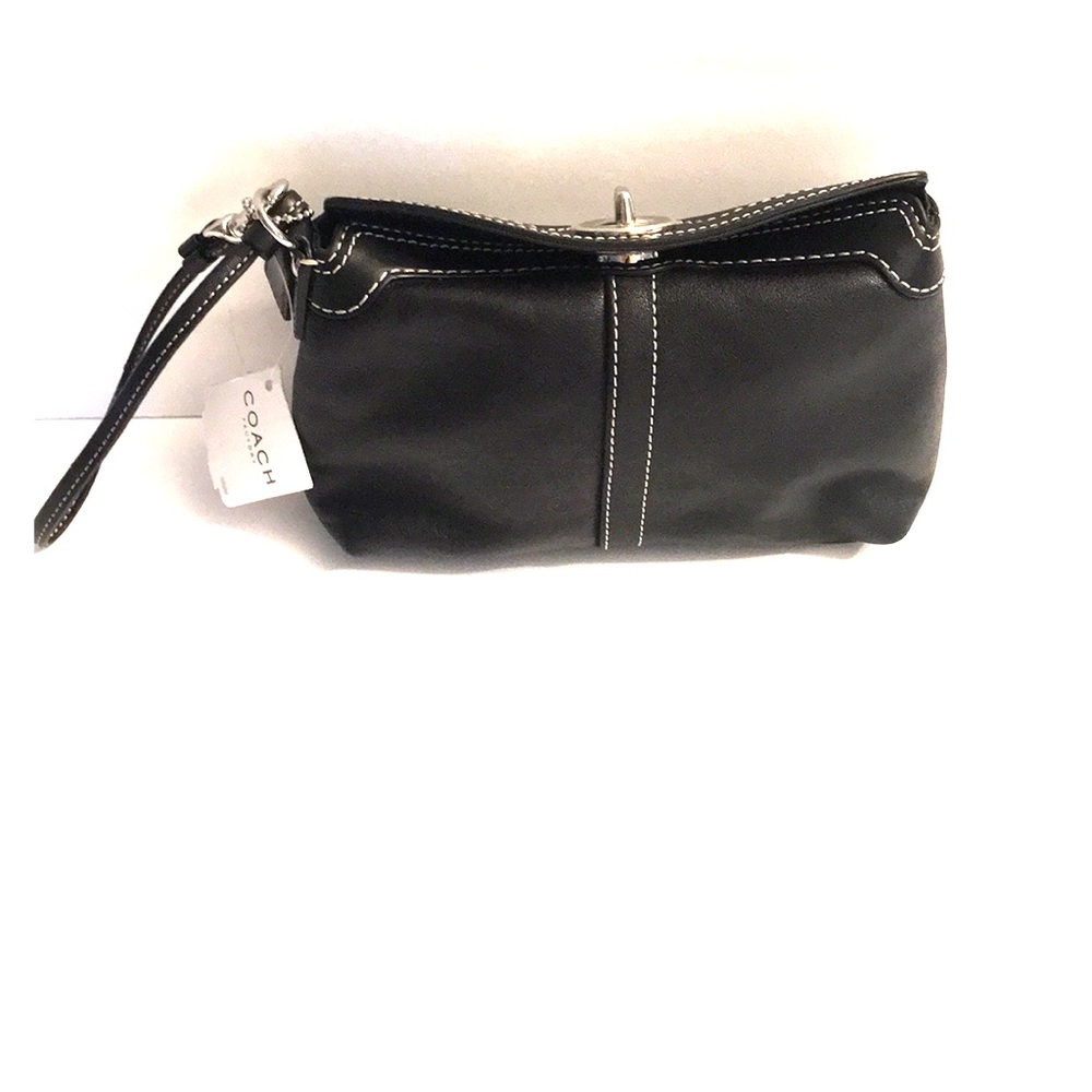 Coach Black Leather Wristlet Clutch with Contrast Stitching